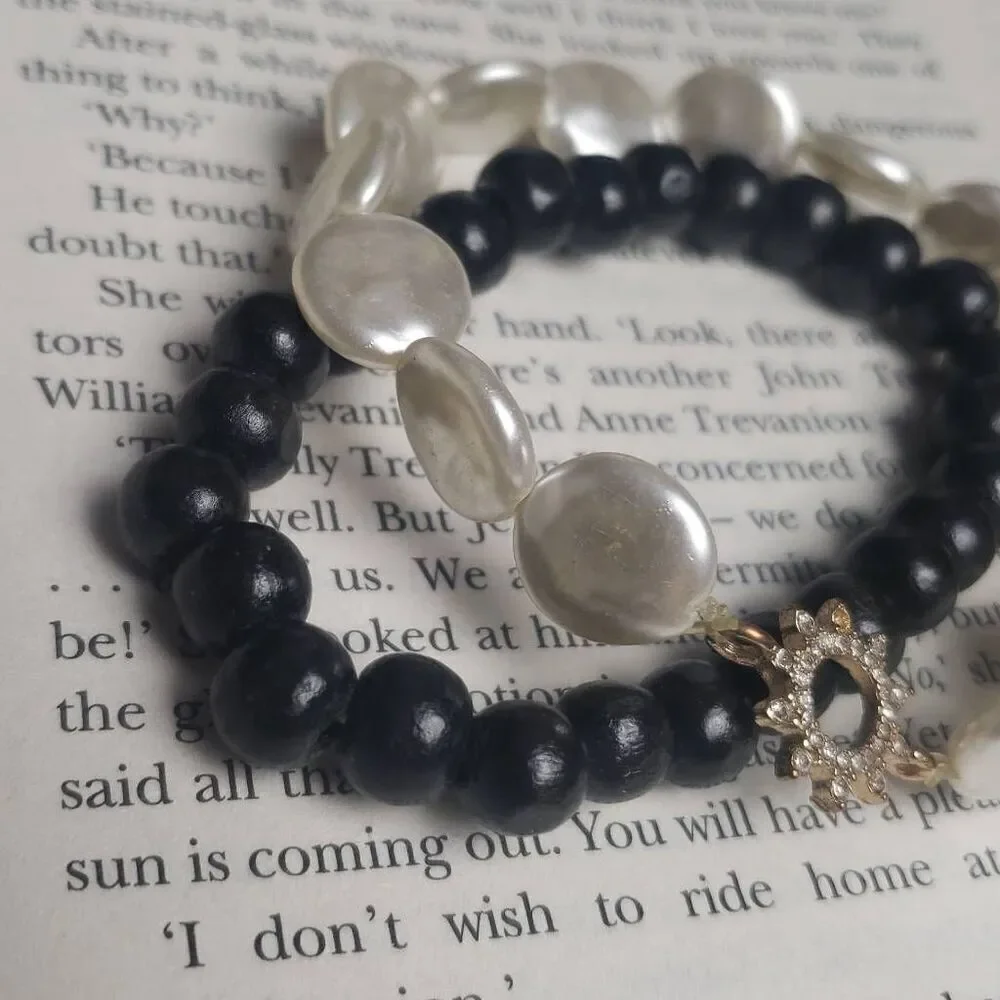 Faux MOP Bracelet‎ with Sun Diamonds and Black Beaded Bracelet